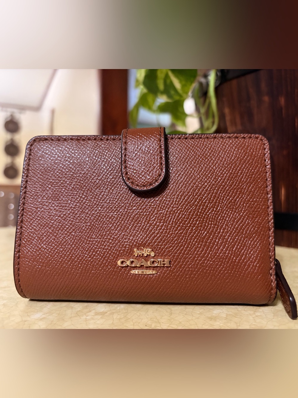 Coach Brown Saffiano Leather Zip Wallet with Gold-Tone Hardware